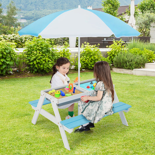 3-in-1 Kids Outdoor Picnic Water Sand Table with Umbrella Play Boxes-Blue