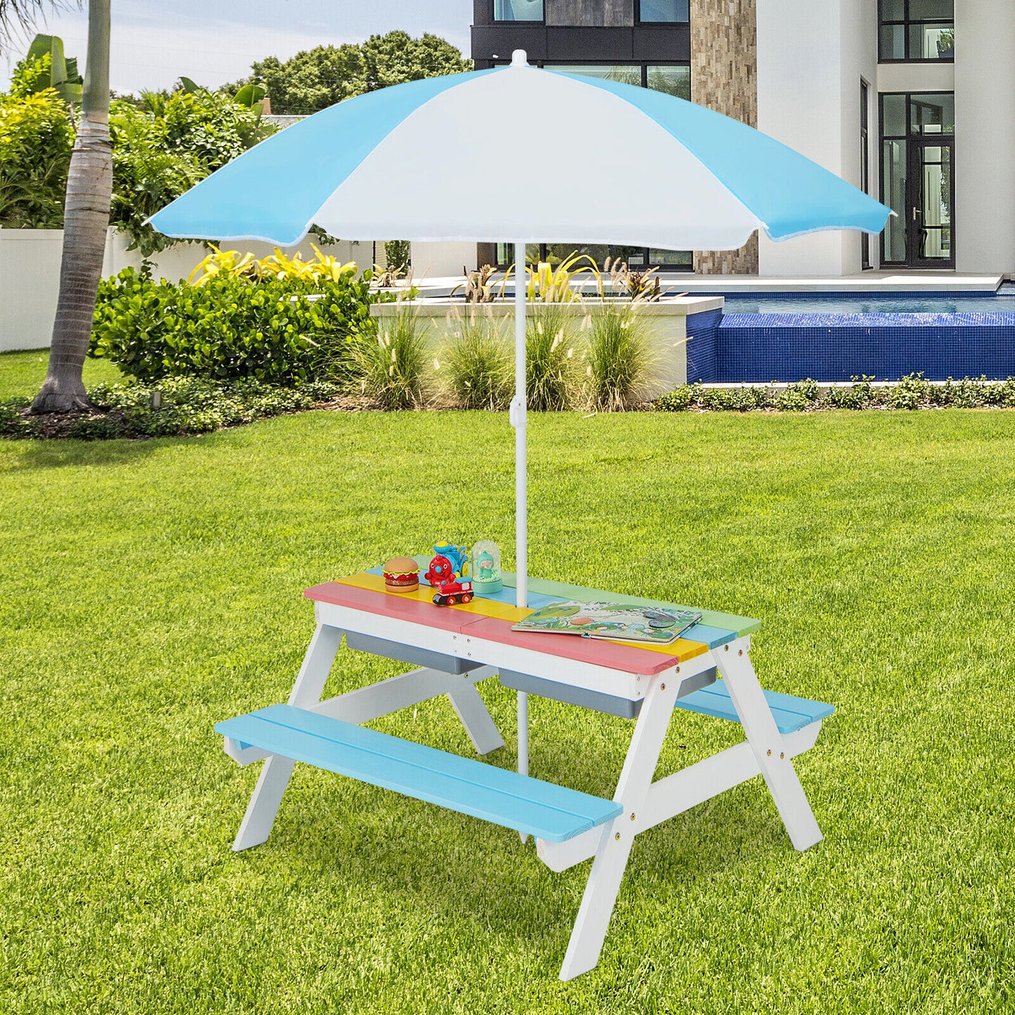 3-in-1 Kids Outdoor Picnic Water Sand Table with Umbrella Play Boxes-Blue