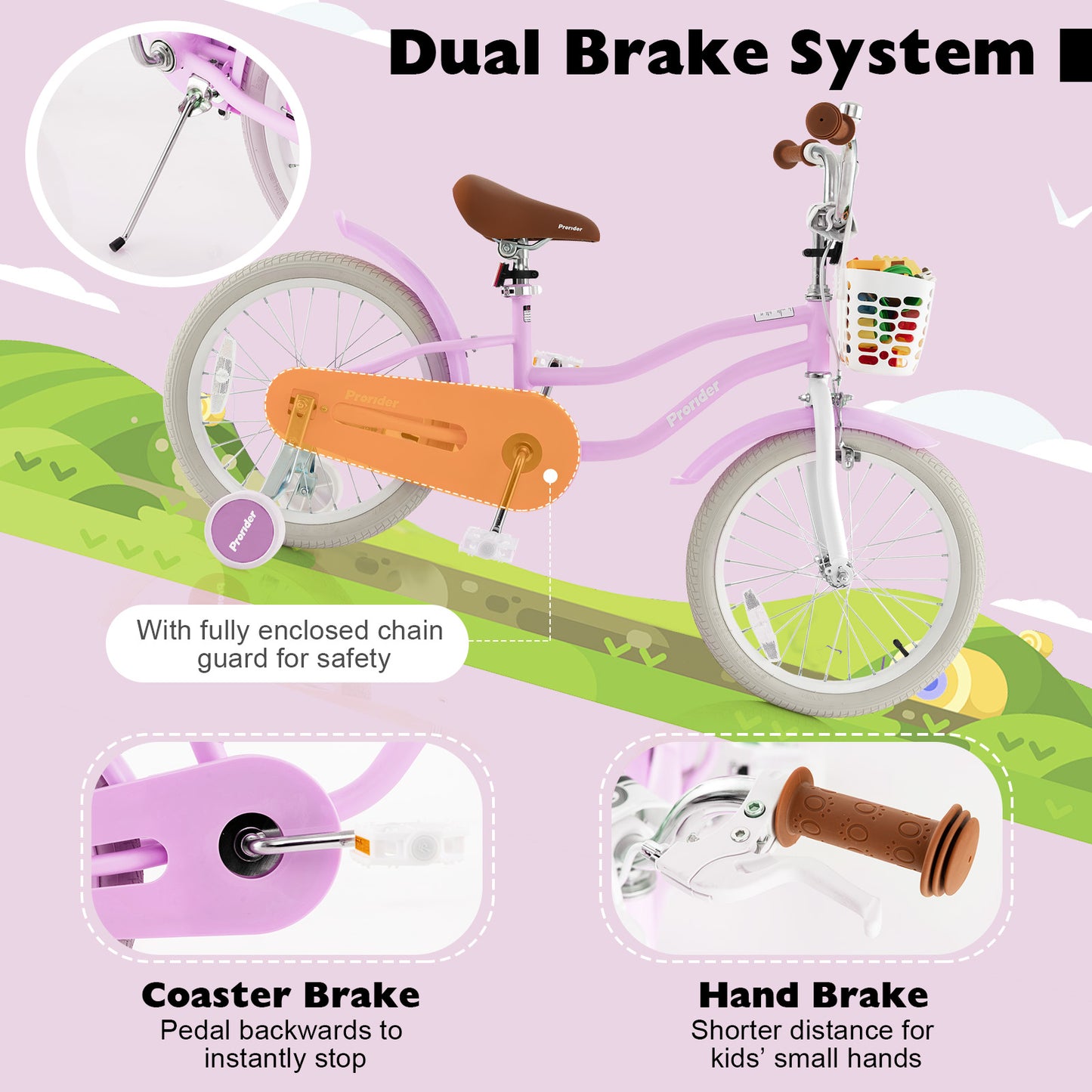 Children Bicycle with Front Handbrake and Rear Coaster Brake-Purple