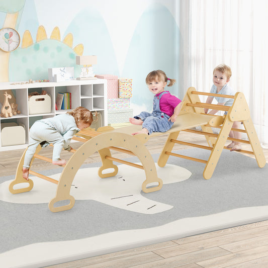 2-in-1 Wooden Kids Climber Toys with Triangle Arch Ramp-Natural