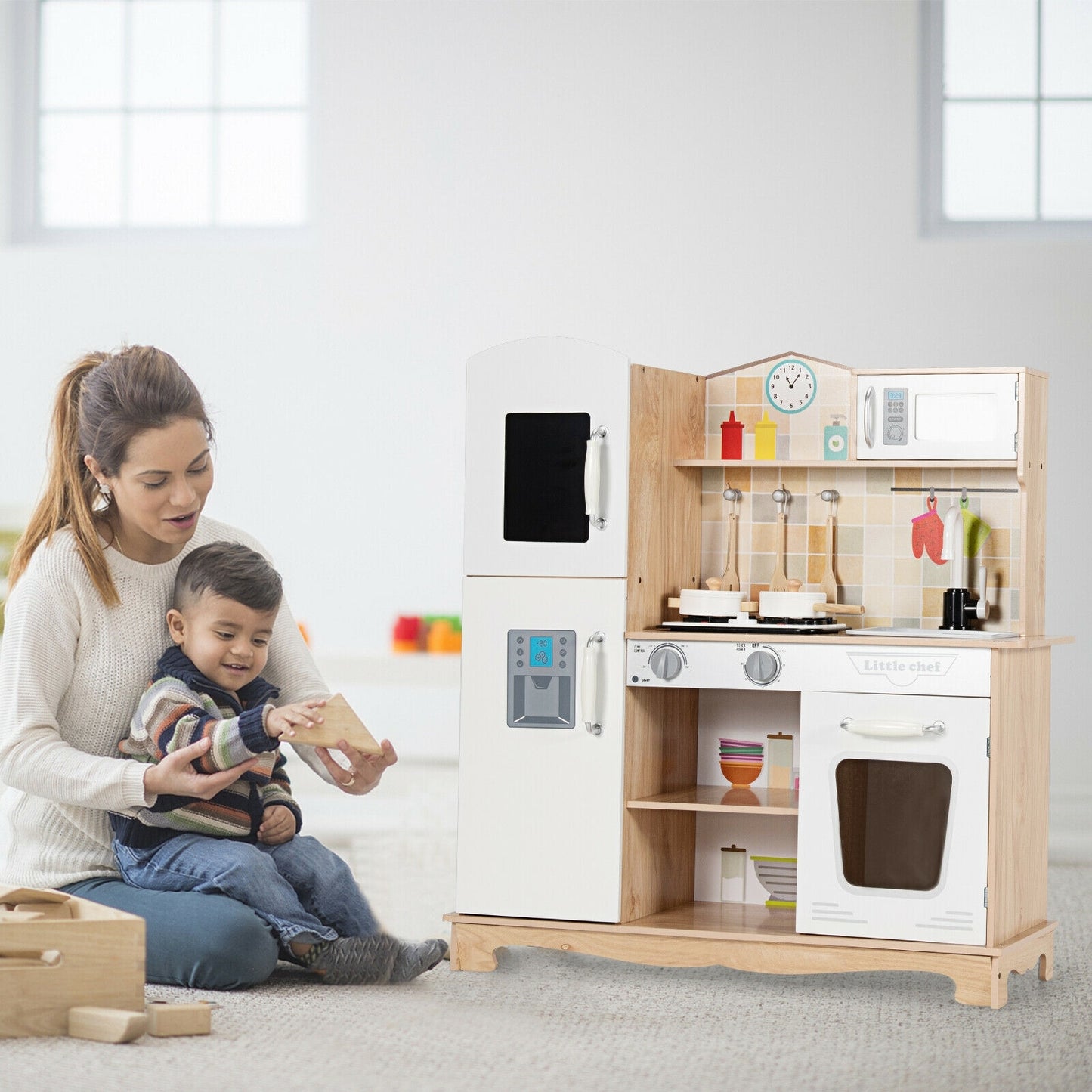 Wooden Kids Pretend Kitchen Playset Cooking Play Toy with Utensils and Sound