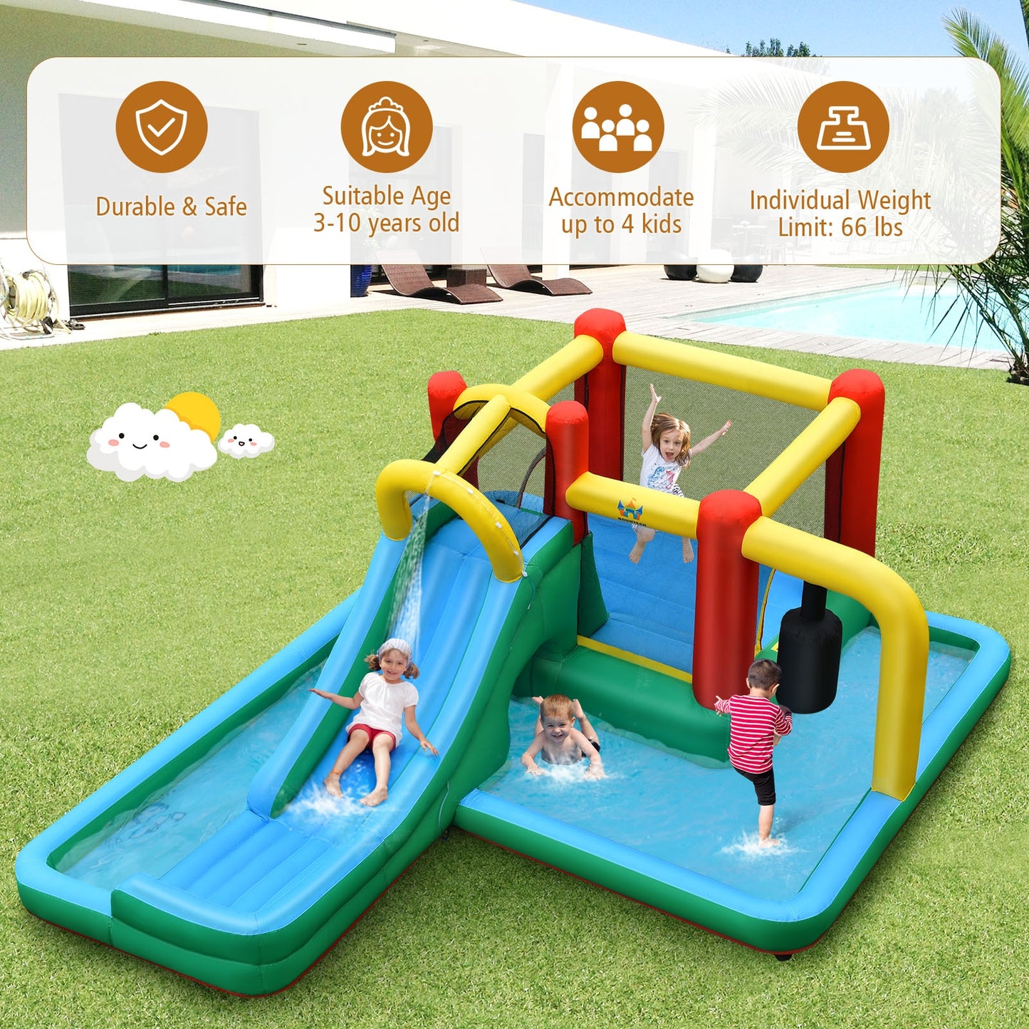 Inflatable Water Slide with Splash Pool Water Park and 750W Blower