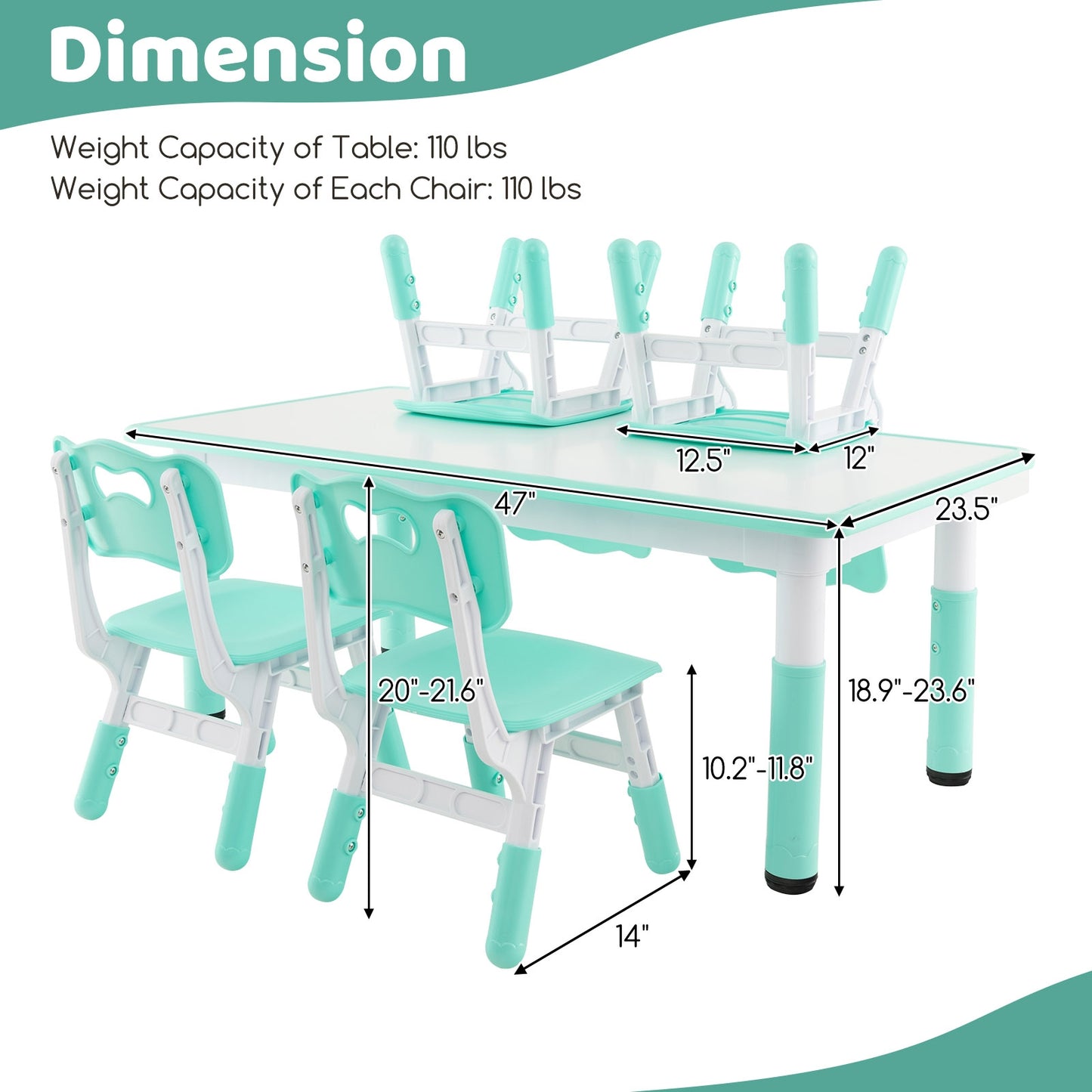 Kids Table and Chairs Set for 4 with Graffiti Desktop-Green