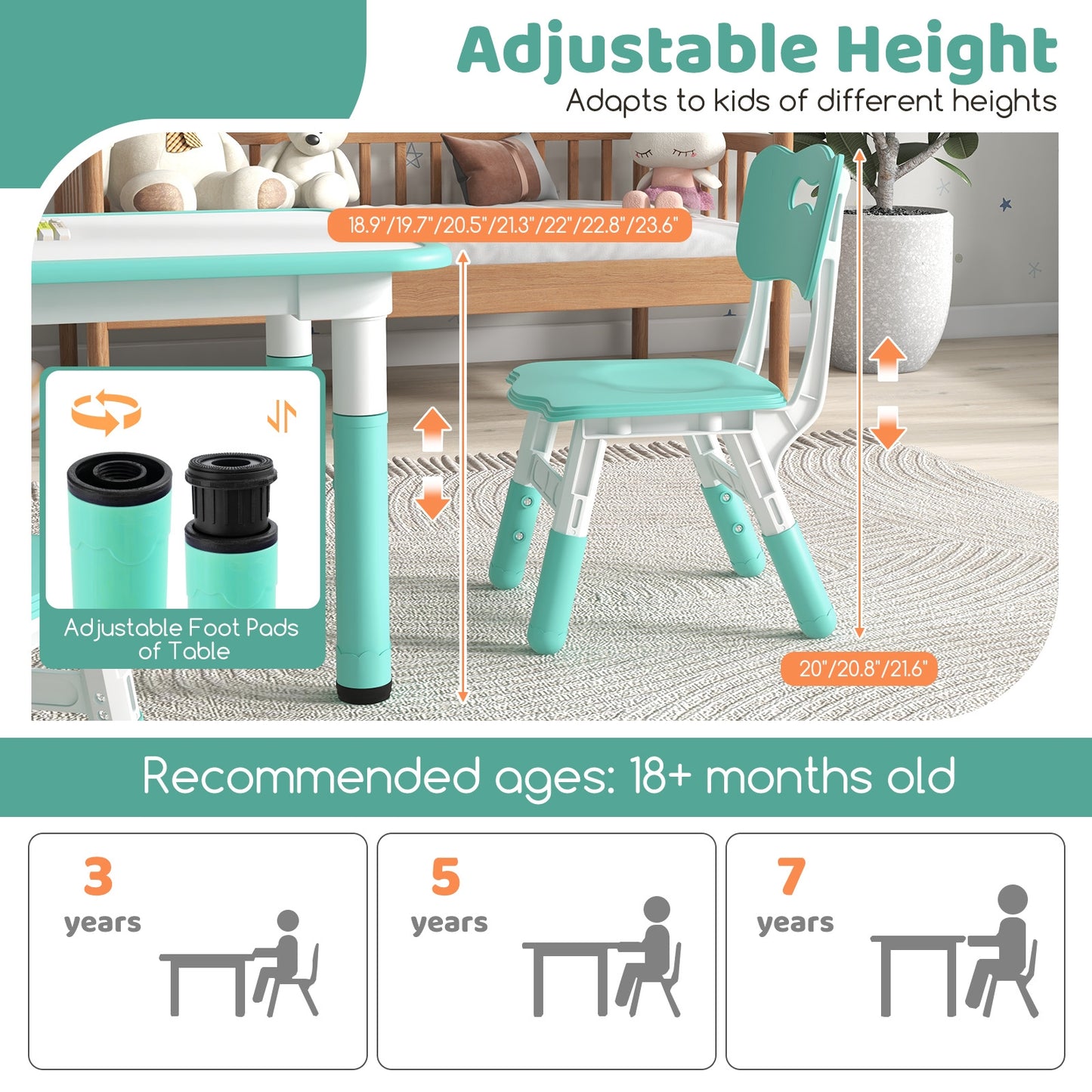 Kids Table and Chairs Set for 4 with Graffiti Desktop-Green