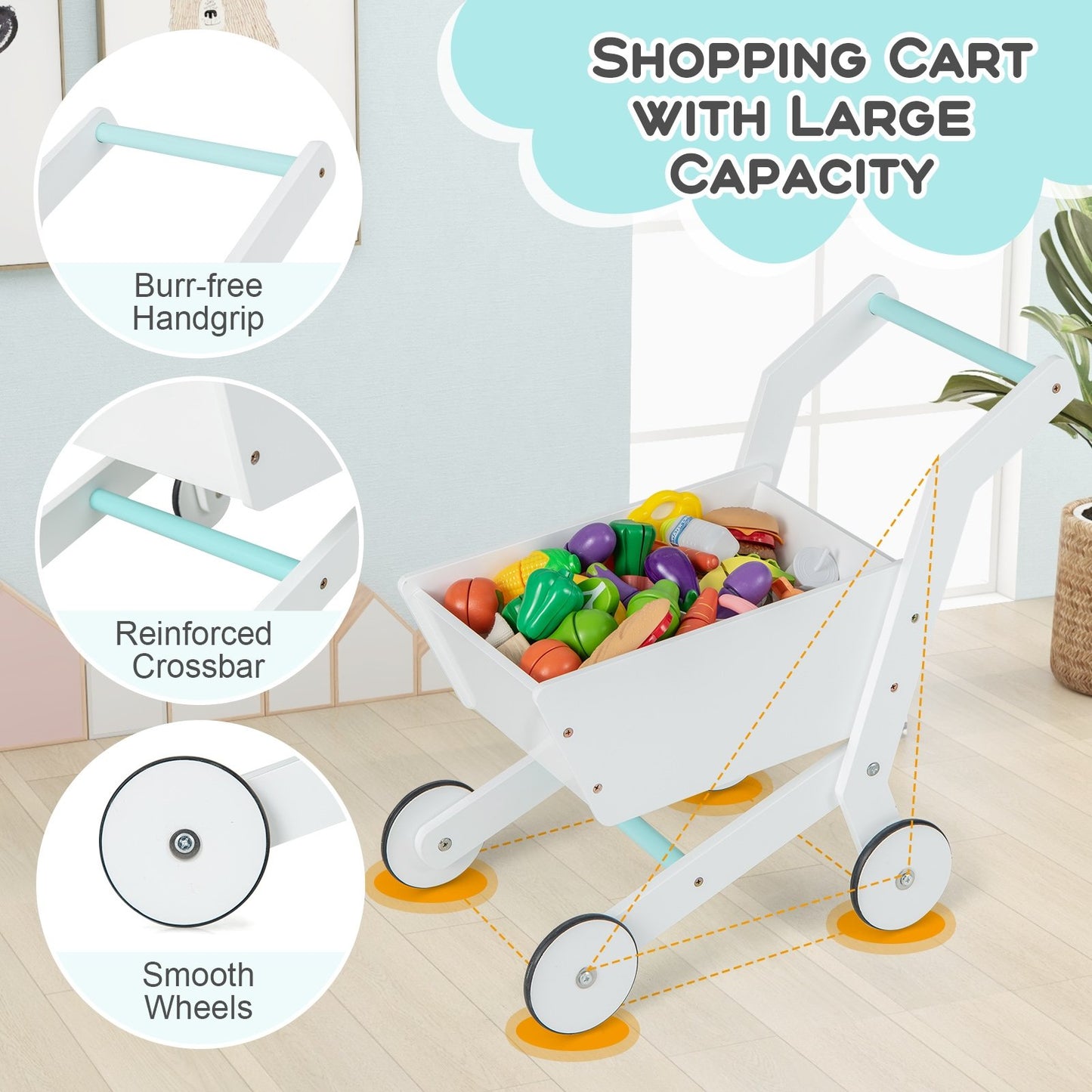 Wooden Kids Supermarket Playset with Cash Register and Shopping Cart-White